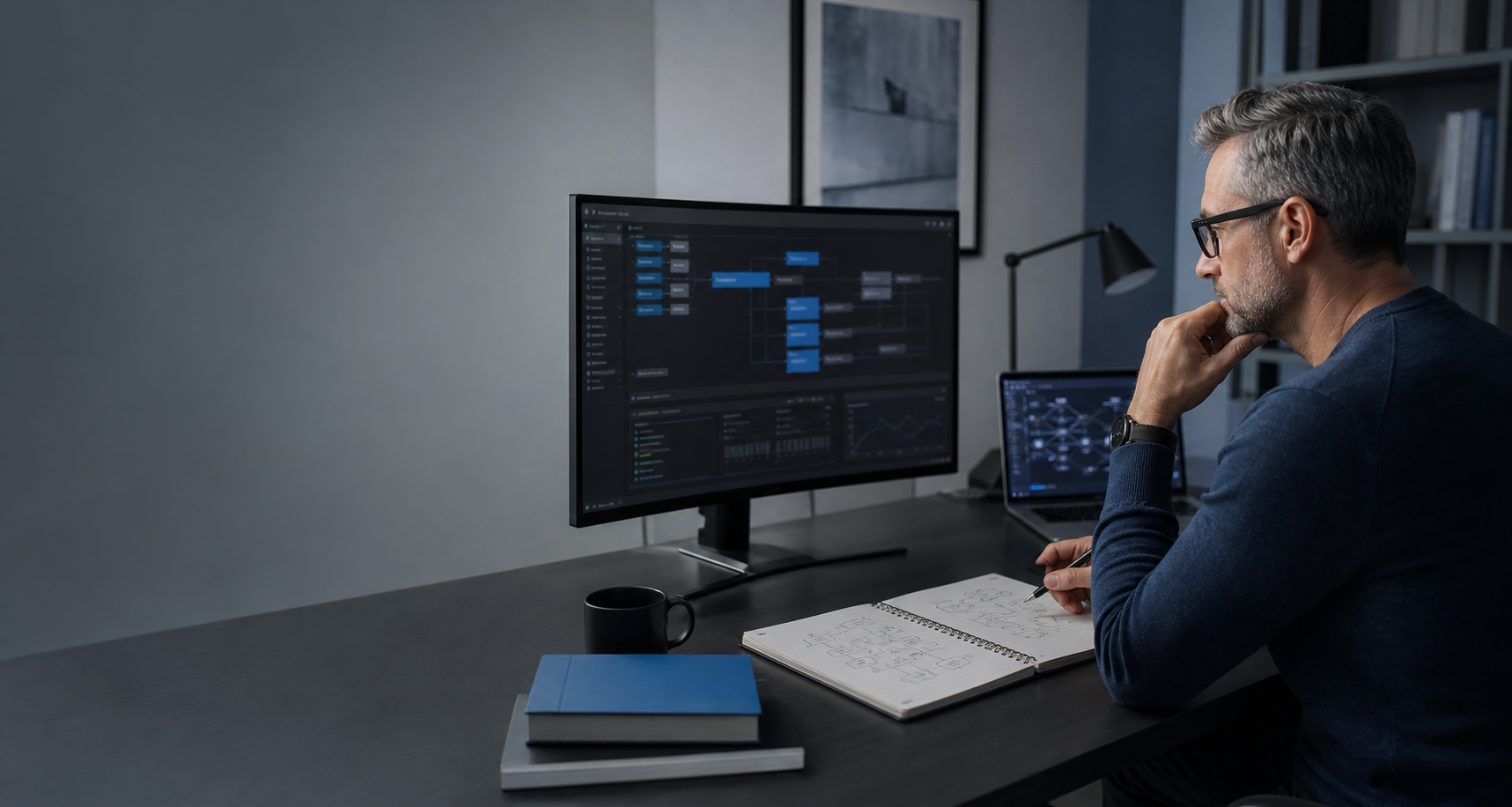 Editorial engineering photograph showing system planning, code structure, and calm technical decision-making in a refined workspace.