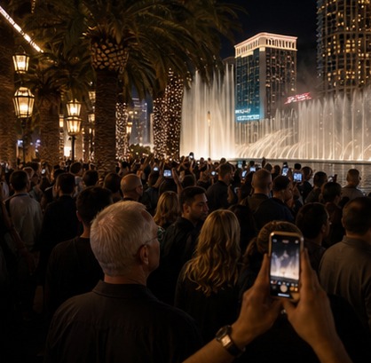 Crowded night fountain environment showing the live production constraints