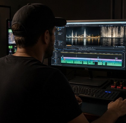 Editing environment shaping rhythm and tone from fountain footage