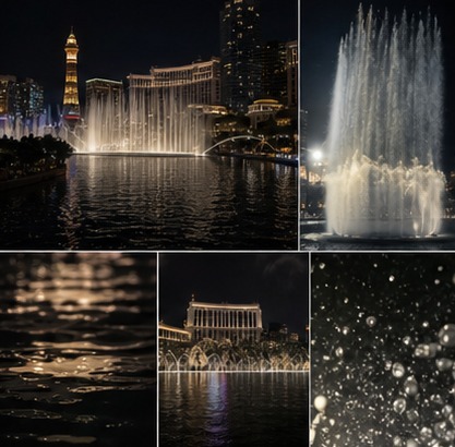 Layered fountain coverage with wide, medium, and reflective detail framing