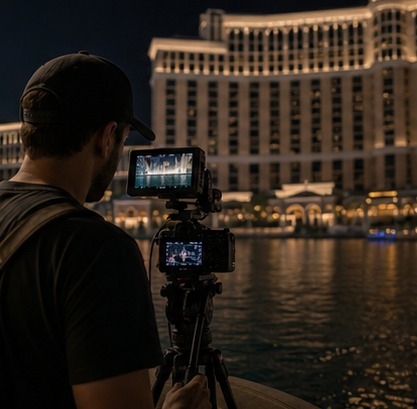 Solo filmmaker operating and planning camera coverage at a fountain performance