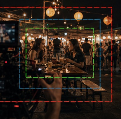 Coverage planning scene showing modular framing strategy for multiple aspect ratios