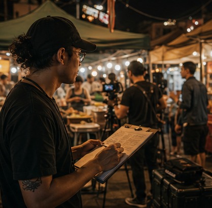 Creative lead planning and shooting a night market campaign on location